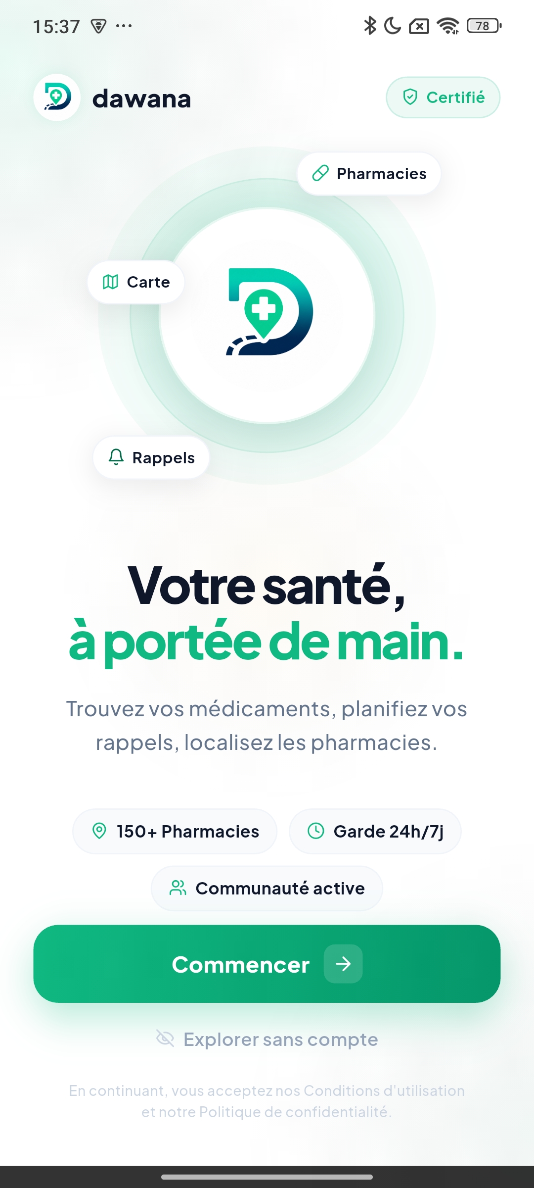 Écran d'onboarding Dawana — Votre santé en mains sûres
